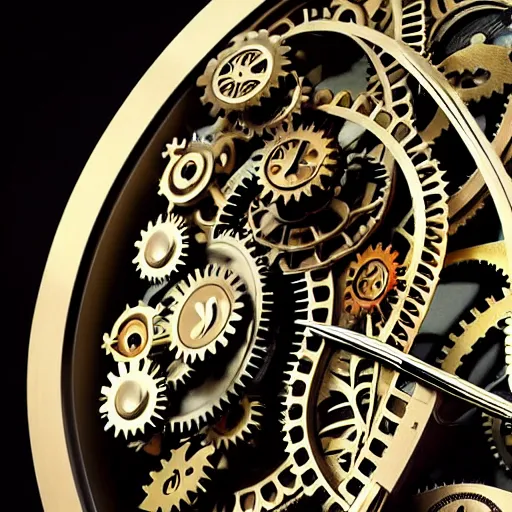 Image similar to a close up of a clock with many gears, a flemish baroque by takashi murakami, behance, kinetic art, steampunk, skeuomorphic, made of liquid metal