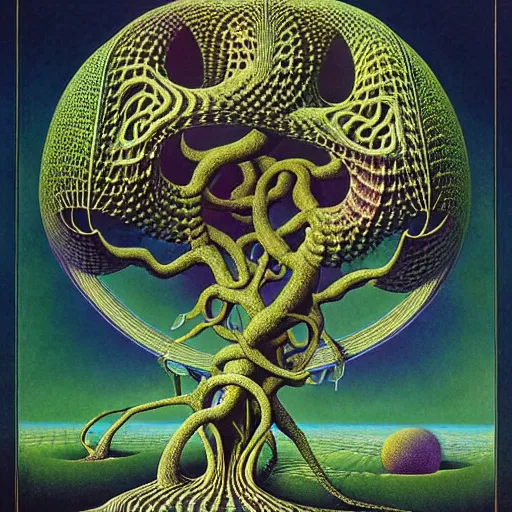 Prompt: sacred mulberry tree by roger dean and andrew ferez, art forms of nature by ernst haeckel, divine chaos engine, symbolist, visionary, art nouveau, botanical fractal structures, organic, detailed, realistic, surreality