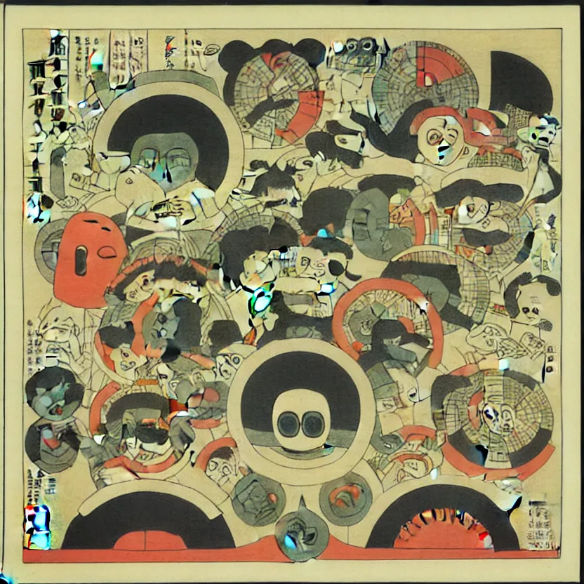 Image similar to business dashboard with time series charts, pie plots and other modern graphics, with small creatures with many eyes. diego rivera ( with slight ukiyo - e influence ). ravi supa.