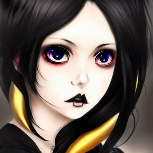 Image similar to front-facing headshot of a young gothic anime woman with black hair and golden highlights, wearing pretty makeup, drawn by WLOP, by Avetetsuya Studios, anime portrait, trending on artstation