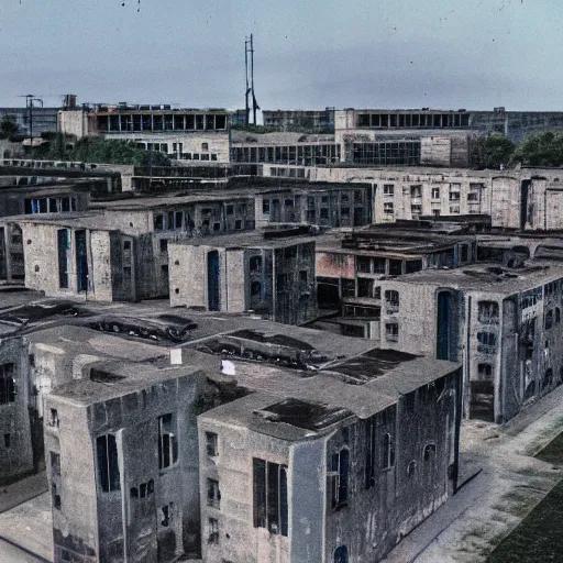 Image similar to brutalist city, prison city, totalitarian prison island, spotlights, military buildings, prison complex, colorized 1 6 mm photo