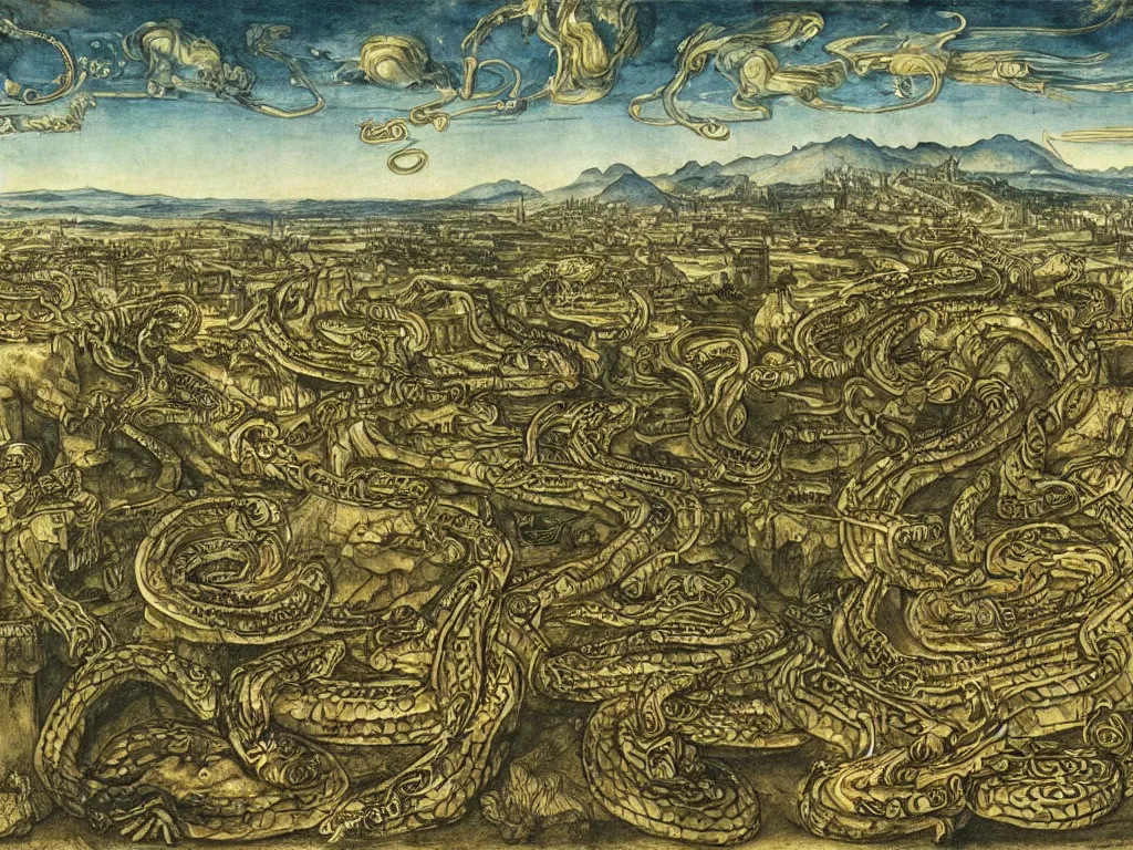 Prompt: Anaconda snake coiled around a large, white cloud, above a deserted, post-apocalyptic city. Painting by Durer.