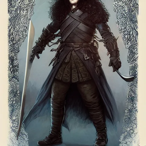 Image similar to jon snow in a dress, masculine, long hair, d & d, fantasy, joyful smirk, intricate, elegant, highly detailed, digital painting, artstation, concept art, matte, sharp focus, illustration, art by artgerm and greg rutkowski and alphonse mucha