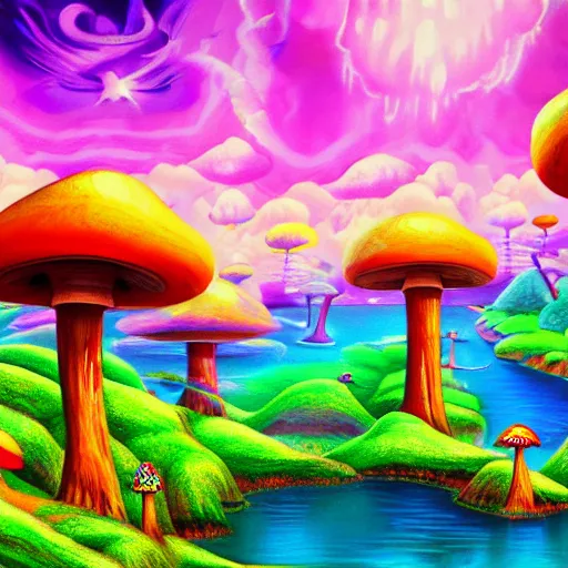 Image similar to psychedelic mushroom kingdom, dmt, landscape, river, trending on artstation, detailed