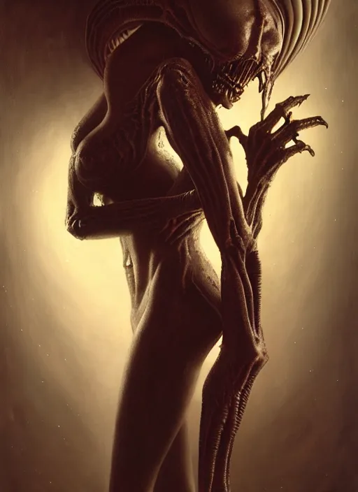 Image similar to ultra realist horror painting of a dimly lit attractive alien female and hellish creature together, very intricate details, focus, curvy figure, model pose, full frame image, artstyle hiraku tanaka and craig mullins, award winning