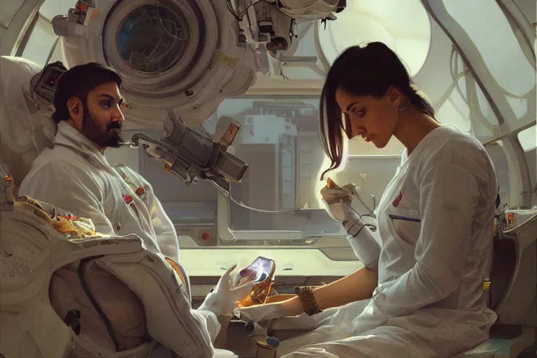 Image similar to Exhausted good looking pale young Indian doctors wearing jeans in a space station above Earth performing surgery, portrait, elegant, intricate, digital painting, artstation, concept art, smooth, sharp focus, illustration, art by artgerm and greg rutkowski and alphonse mucha