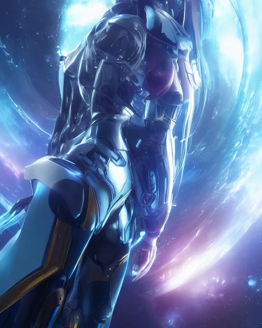 Image similar to photo of anime girl on a mothership, warframe armor, beautiful face, scifi, nebula, futuristic background, galaxy, raytracing, dreamy, focused, sparks of light, pure, long white hair, blue cyborg eyes, glowing, 8 k high definition, insanely detailed, intricate, innocent, art by akihiko yoshida, li zixin, woo kim