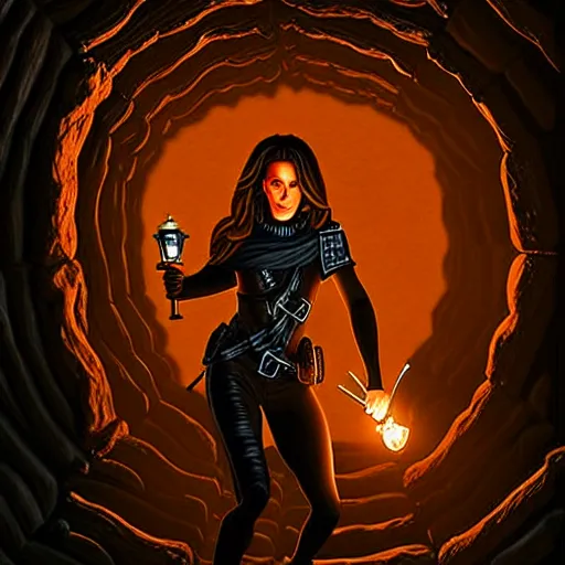 Prompt: kate beckinsale as dnd thief hold torch and sneaking through the dungeon full of death traps, carved floor, ceiling hides in the dark, full darkness, fantasy digital art, oil painted