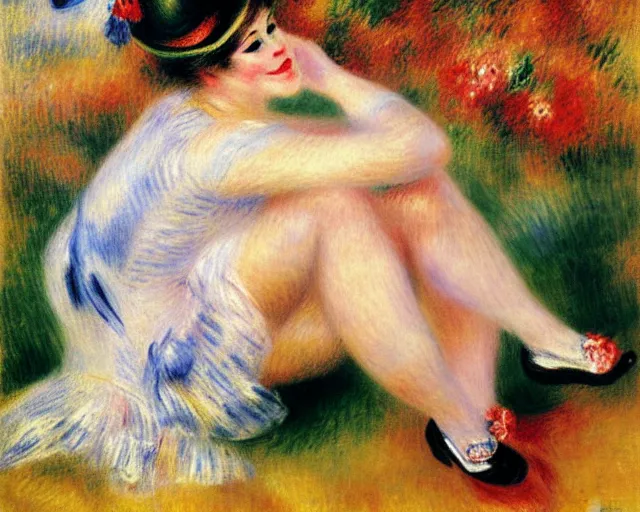 Prompt: vintage, big champagne bottle. cancan girl sitting on the big bottle, french, realistic, cheerful, 1 9 0 2, art by renoir