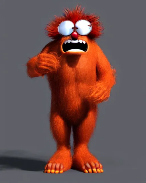 Image similar to 3 d render of completely red hairy friendly antropomorphic creature wearing chrome shades, without nose, smiling, full body, standing on 2 feet, in the style of pixar, white background, unreal engine 5, octane render, highly detailed hdr