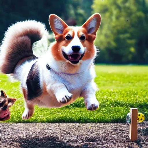 Prompt: corgi, flying, hurdle, magical, afternoon, grass, fun fair, 4 k