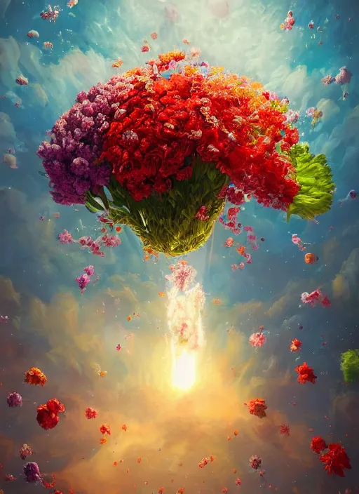 Image similar to An epic fantastic realism comic book style painting of the most beautiful flowers launched into space, bouquets, nearby star, fisheye lens, unreal 5, DAZ, hyperrealistic, octane render, dynamic lighting