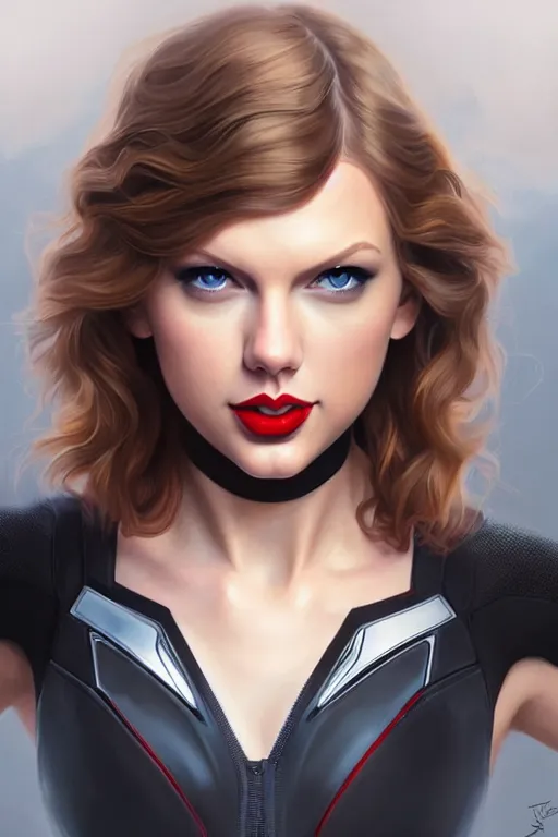 Image similar to taylor swift as black widow, realistic portrait, symmetrical, highly detailed, digital painting, artstation, concept art, smooth, sharp focus, illustration, cinematic lighting, art by artgerm and greg rutkowski and alphonse mucha