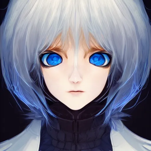 Image similar to cryomancer, flowing white hair, blue eyes, parka, androgynous, beautiful, detailed symmetrical close - up portrait, intricate complexity, in the style of artgerm and ilya kuvshinov, cel - shaded