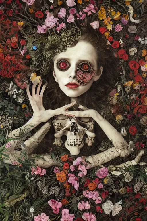 Image similar to a person lying among flowers and bones, large eyes and lips and is thinking about mortality, HD Mixed media collage, highly detailed and intricate, surreal illustration in the style of Caravaggio, baroque dark art