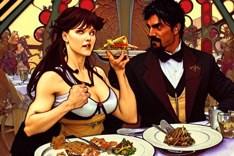 Image similar to xena warrior princess eating at a restaurant, with a hispanic man in a suit as her companion, art by artgerm and greg rutkowski and alphonse mucha