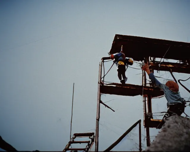 Image similar to lomo photo of basejumpers climbing on roof of soviet hrushevka, small town, cinestill, bokeh, out of focus