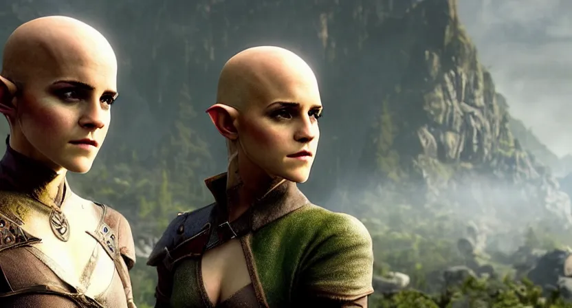 Prompt: promotional image of emma watson as a bald elf in dragon age : inquisition, detailed face, movie still, promotional image, imax 7 0 mm footage