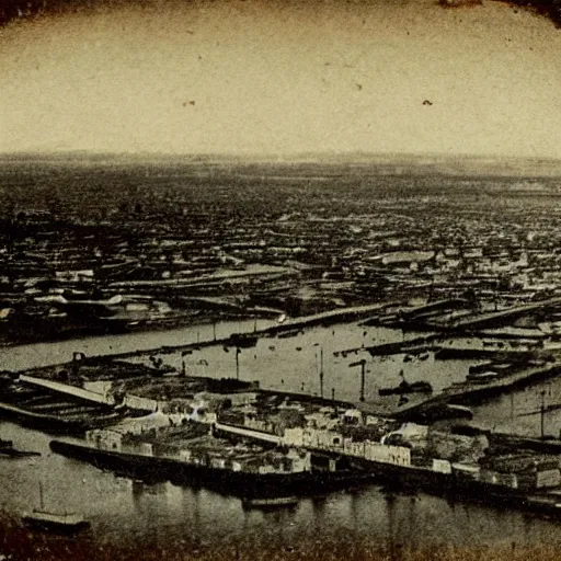 Image similar to grainy 1800s photo of a city submerged in mud