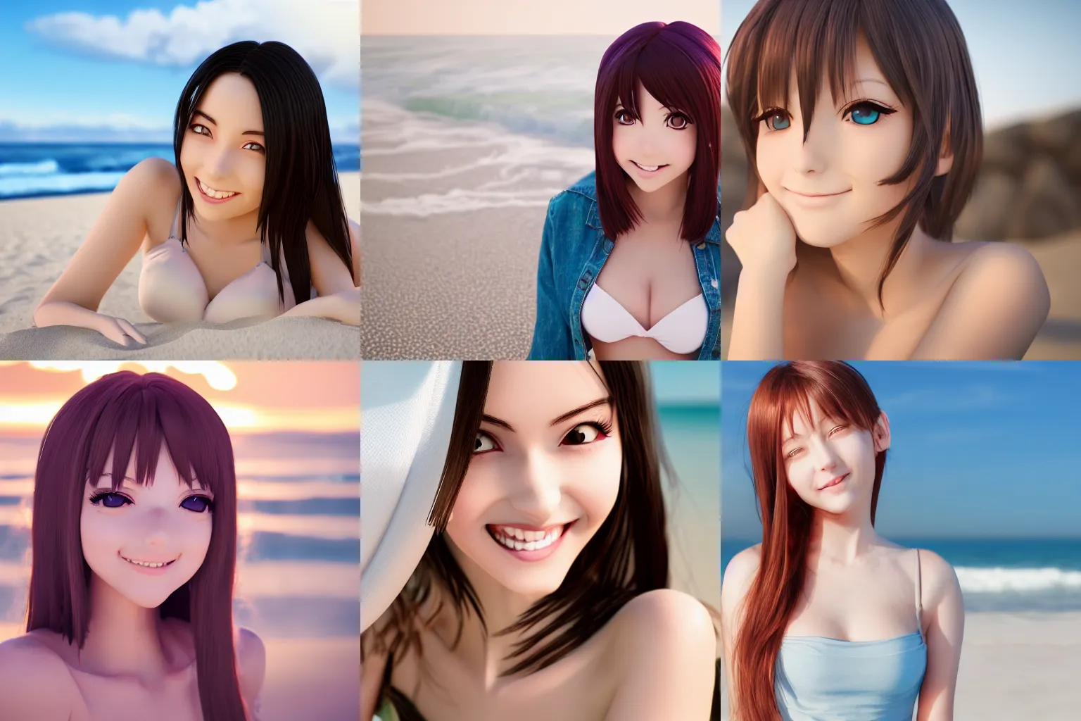 Prompt: anime girl 24yo fotoshoot on the beach gentle smile into the camera octane render