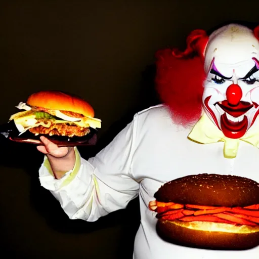 Image similar to evil fat clown eating hamburger