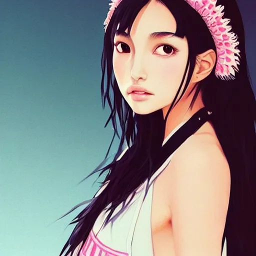 Image similar to a beautiful young japanese natalie portman alluring gravure model, wearing elegant designer overalls, elegant overalls with mesoamerican patterns, mesoamerican native street fashion, princess mononoke, by and wlop and ilya kuvshinov and artgerm and, aesthetic, gorgeous, stunning, alluring, attractive, artstation, pinterest, digital art