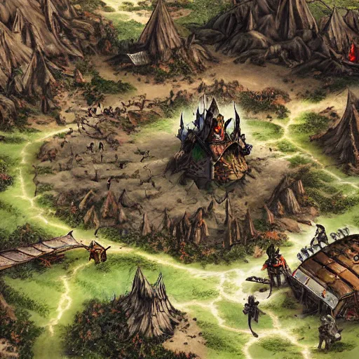 Prompt: attack to the goblin encampment, aerial view, fantasy, concept art, ambient occlusion