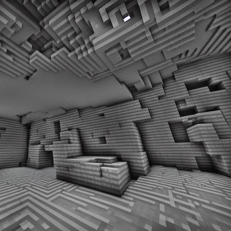 Image similar to Concrete gray multi-layered underground structure with multiple floors and a plus-shaped cleft in the center. Inside view, minecraft style, layers, straight lines, corners, high detailed, details, ultra realistic, photorealism, 8k, wide shot, symmetrical, render, brutalism, ray of light, architecture, volumetric lighting, cinematic, shadows