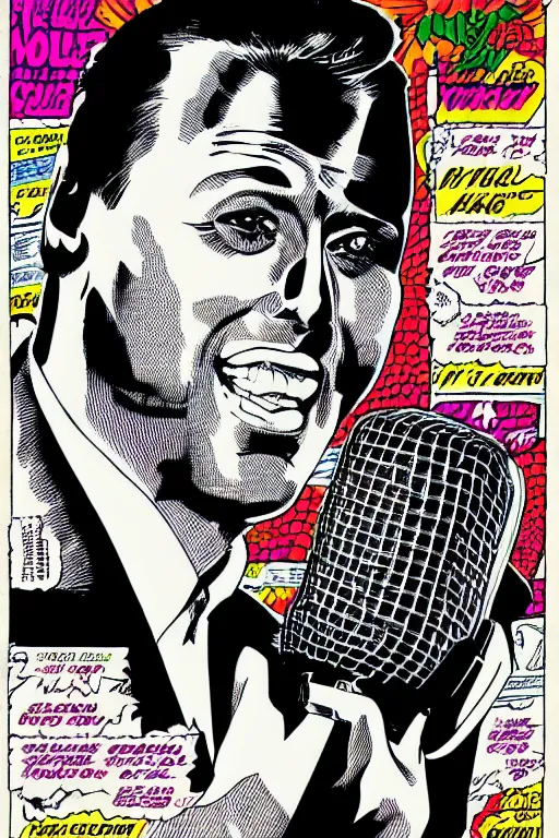 Prompt: Luis Miguel singing with a microphone in the style of 1960's Marvel comics, high resolution digital scan, intricate details, aesthetic