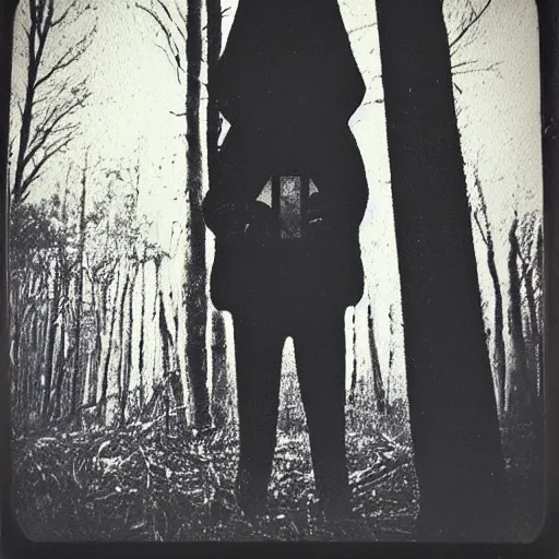 Prompt: polaroid picture of The Babadook standing in the woods, creepy, dark scary