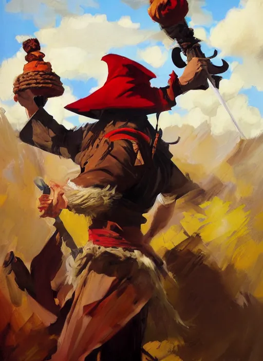 Image similar to greg manchess side portrait of a filipino fighter with a jester hat and a scepter, organic painting, sunny day, matte painting, bold shapes, hard edges, street art, trending on artstation, by huang guangjian, gil elvgren, ruan jia, randy vargas, greg rutkowski