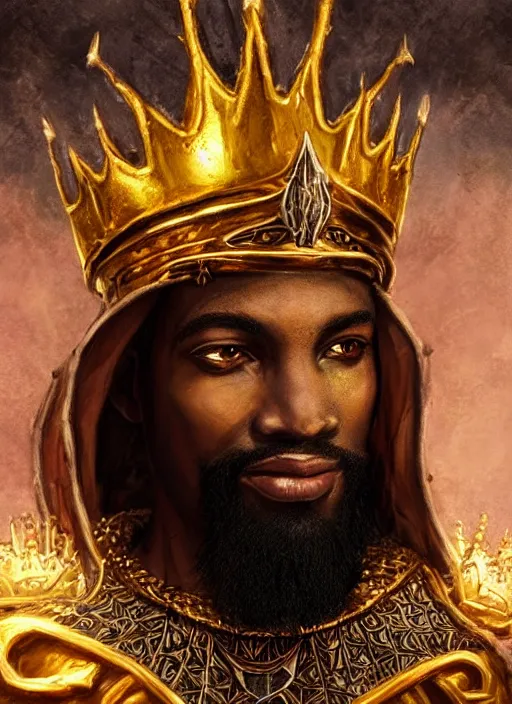 Prompt: black human king wearing a crown, gold, ultra detailed fantasy, dndbeyond, bright, colourful, realistic, dnd character portrait, full body, pathfinder, pinterest, art by ralph horsley, dnd, rpg, lotr game design fanart by concept art, behance hd, artstation, deviantart, hdr render in unreal engine 5