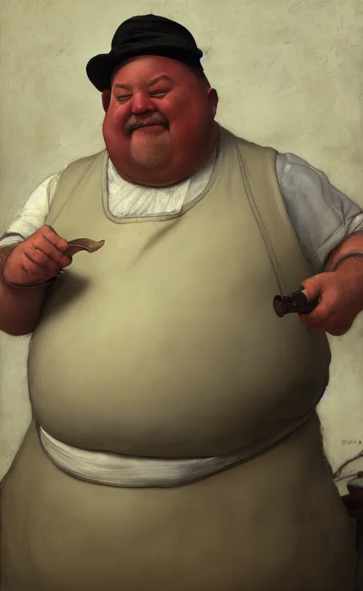 Prompt: portrait of an old fat fantasy tavern owner with dirty apron by Edgar Maxence and Ross Tran and Michael Whelan, 8k, octane render