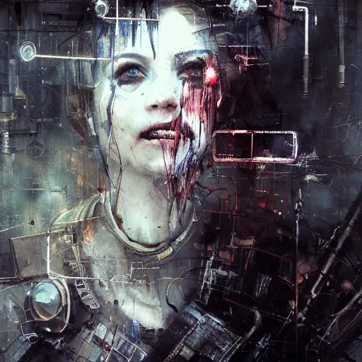 Image similar to screaming cyberpunk, wires, machines by emil melmoth zdzislaw belsinki craig mullins yoji shinkawa realistic render ominous detailed photo atmospheric by jeremy mann francis bacon and agnes cecile ink drips paint smears digital glitches glitchart