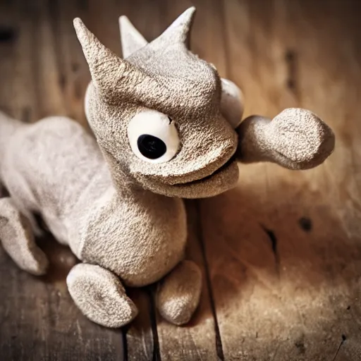 Prompt: an adorable simple ball jointed doll dragon toy lovingly crafter by hand from wood on a toy workbench, worms eye view, macro camera lens, cinematic, focus