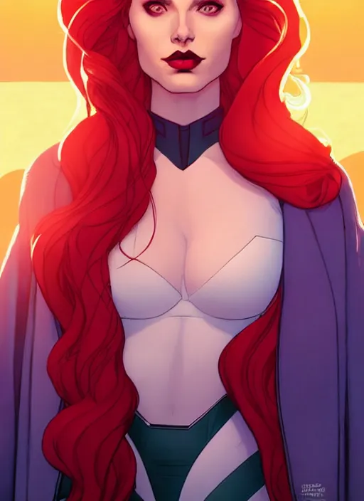 Image similar to Rafeal Albuquerque comic art, Joshua Middleton comic art, cinematics lighting, sunset colors, pretty female Madelaine Petsch Rogue x-men marvel, big smirk, symmetrical face, symmetrical eyes, long red hair and white hair, with white streak in hair, full body, flying in the air, sunset