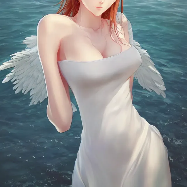 Image similar to infinitely detailed full - body portrait pale female peaceful dream angel wearing elegant clothes. beautiful! scenery art! by wlop & murata range, by ilya kuvshinov. artstation!! / pixiv!!