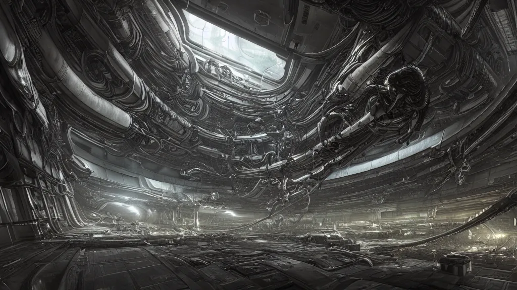 Prompt: a Photorealistic dramatic hyperrealistic,hyper detailed render of an Epic Sci-Fi, Gigantic Alien xenomorph spaceship inside huge interior hangar,intricate bio mechanical surface details in a top secret research facility,many tubes and cables hanging from the ceiling by Greg Rutkowski,Nicolas Bouvier,Sparth,ILM,Beautiful dynamic dramatic dark moody lighting,Volumetric,Cinematic Atmosphere,Octane Render,Artstation,8k