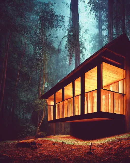 Image similar to an exquisite wooden house in the middle of a lush forest at night, minimalist design, architectural photography, dark and dim lighting, beautiful, tranquil, moody, cinematic, fantasy, 3 5 mm lens, volumetric lighting, first person view, photographic render, hyper realistic