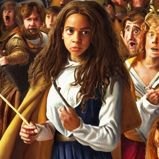 Prompt: hermione granger slapping asterix, oil painting, renaissance 4 k masterpiece