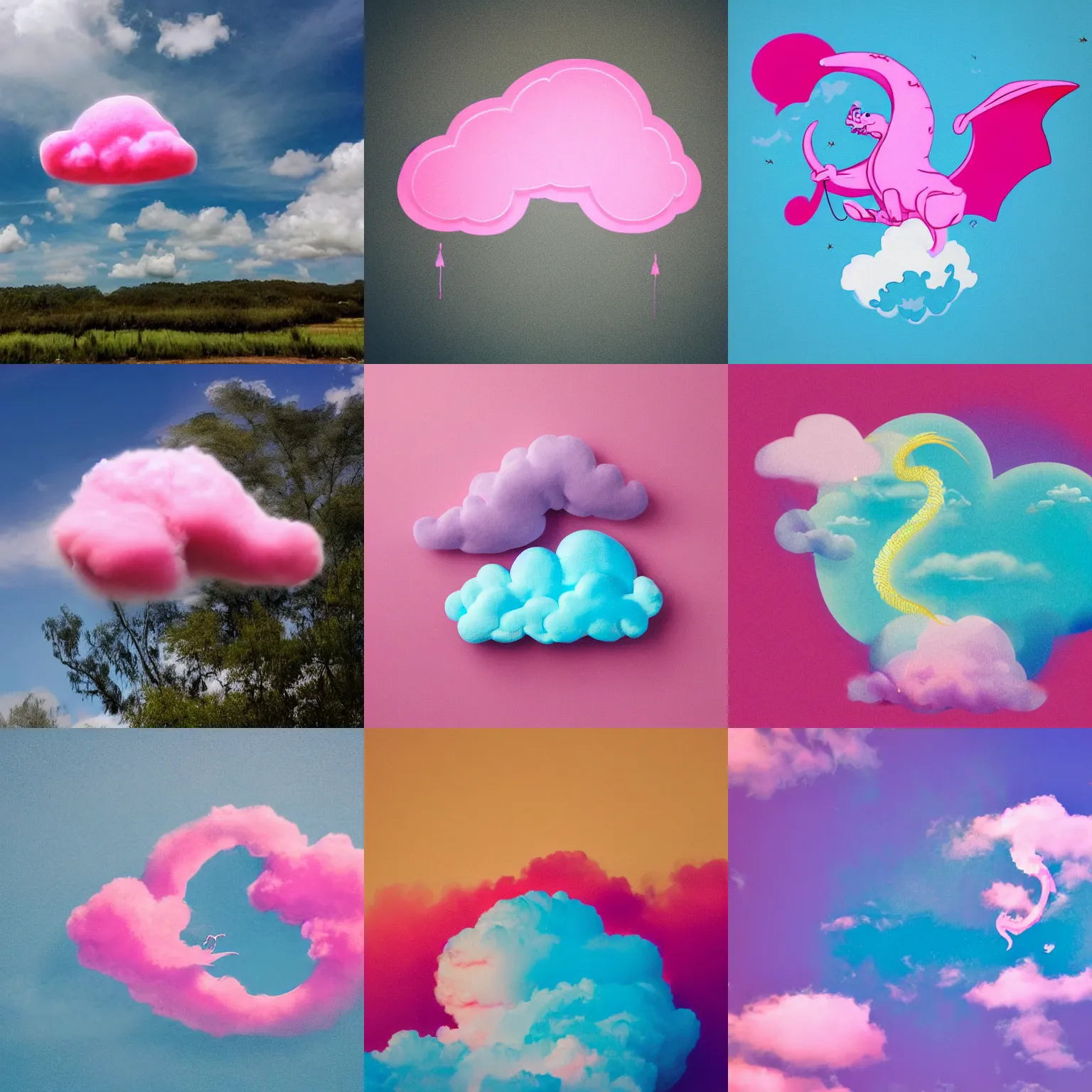 Prompt: a pink cloud in the shape of a dragon with a bright blue background, cloud in the shape of a dragon