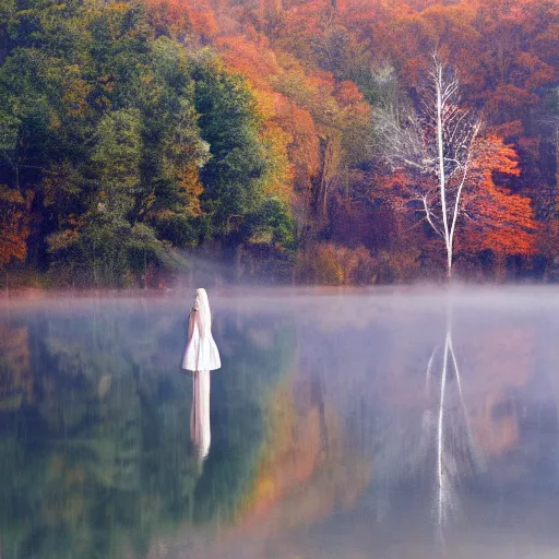 Image similar to a ghostly woman in a white dress rising from a quiet misty lake, high resolution photograph, autumn, sunset, eerie light