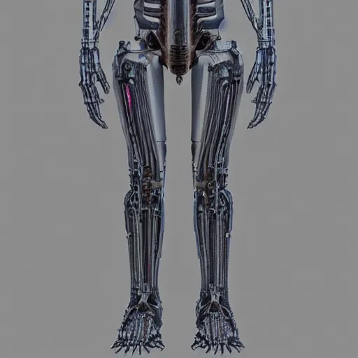 Image similar to “ full body full height, elegant h. r. giger cyborg, default pose. super high resolution photo. symmetrical. orthographic engineering. front view. ”
