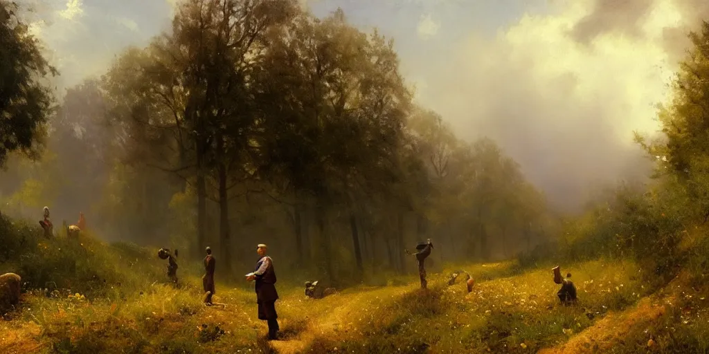 Image similar to a big hillside meadow in 1 9 4 0 with blue light on, sunny day, a men stand up on the road, mystical orange fog, oil on canvas, art by andreas achenbach, clemens ascher, tom bagshaw and sabbas apterus,