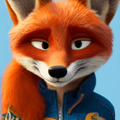 Prompt: upper half portrait of a anthropomorphic female fox with short fur covering her body, wearing a denim jacket in the style of zootopia, far shot,