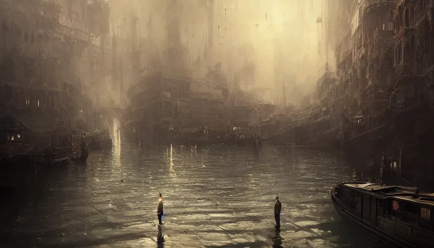 Prompt: Dieselpunk Venice city, steam, dieselpunk gondola, oil petroleum black rivers, epic composition, intricate, elegant, volumetric lighting, digital painting, highly detailed, artstation, sharp focus, illustration, concept art, ruan jia, steve mccurry