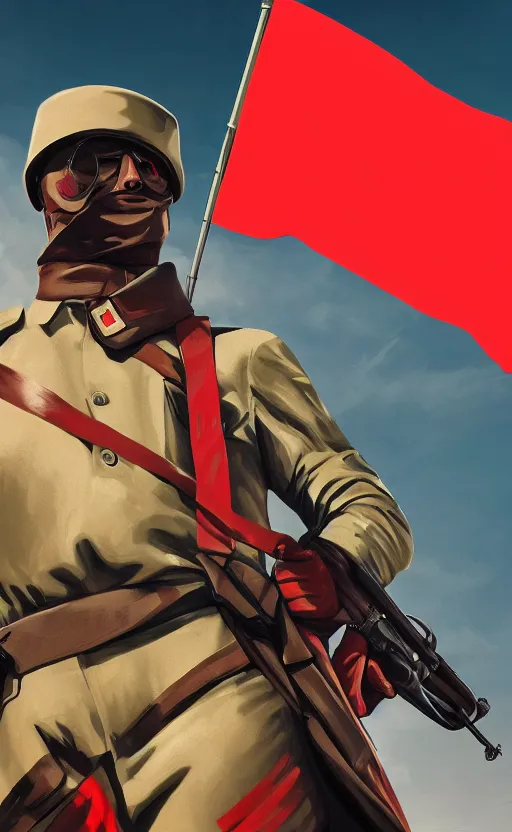 Prompt: Futuristic Soviet soldier with red flag in background, overdetailed digital art, hd, 4k