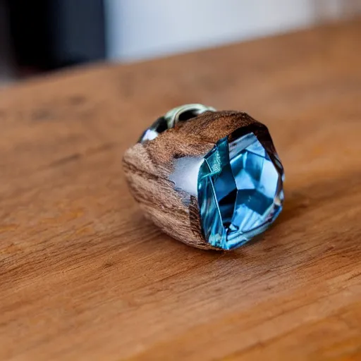 Prompt: a blue cystal in the wood table