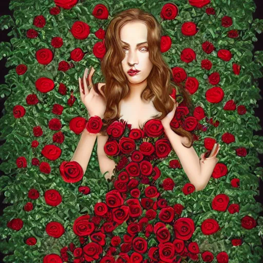 Image similar to full body image of a beautiful woman covered in ivy and red roses, ornate gown standing in a bed of roses, rim light, dynamic lighting, etherial lighting, ultra detail, concept art, elegant, surreal, illustration by lisa aisato