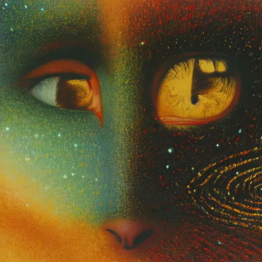 Image similar to psychedelic amber eyes cat eyes lush pine forest, outer space, milky way, designed by arnold bocklin, jules bastien - lepage, tarsila do amaral, wayne barlowe and gustave baumann, cheval michael, trending on artstation, star, sharp focus, colorful refracted sparkles and lines, soft light, 8 k 4 k